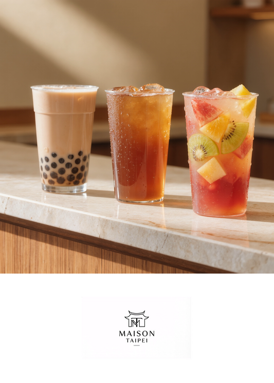 Carte gourmande illustrant un trio de boissons taiwanaises