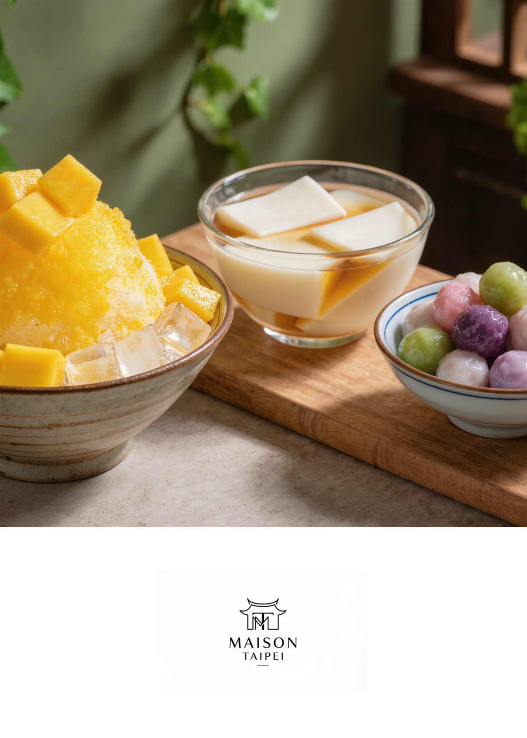 Carte gourmande illustrant un trio de desserts taiwanais